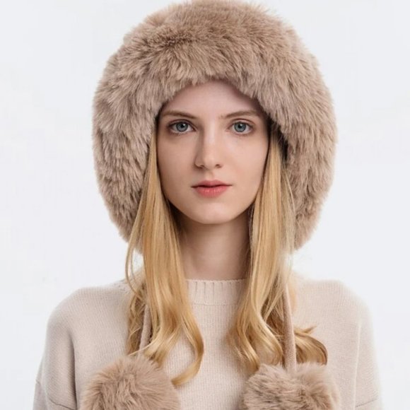 Faux fur trimmed & pom pom knit Hat winter Pink, black, cream, tan or gray - Picture 13 of 15